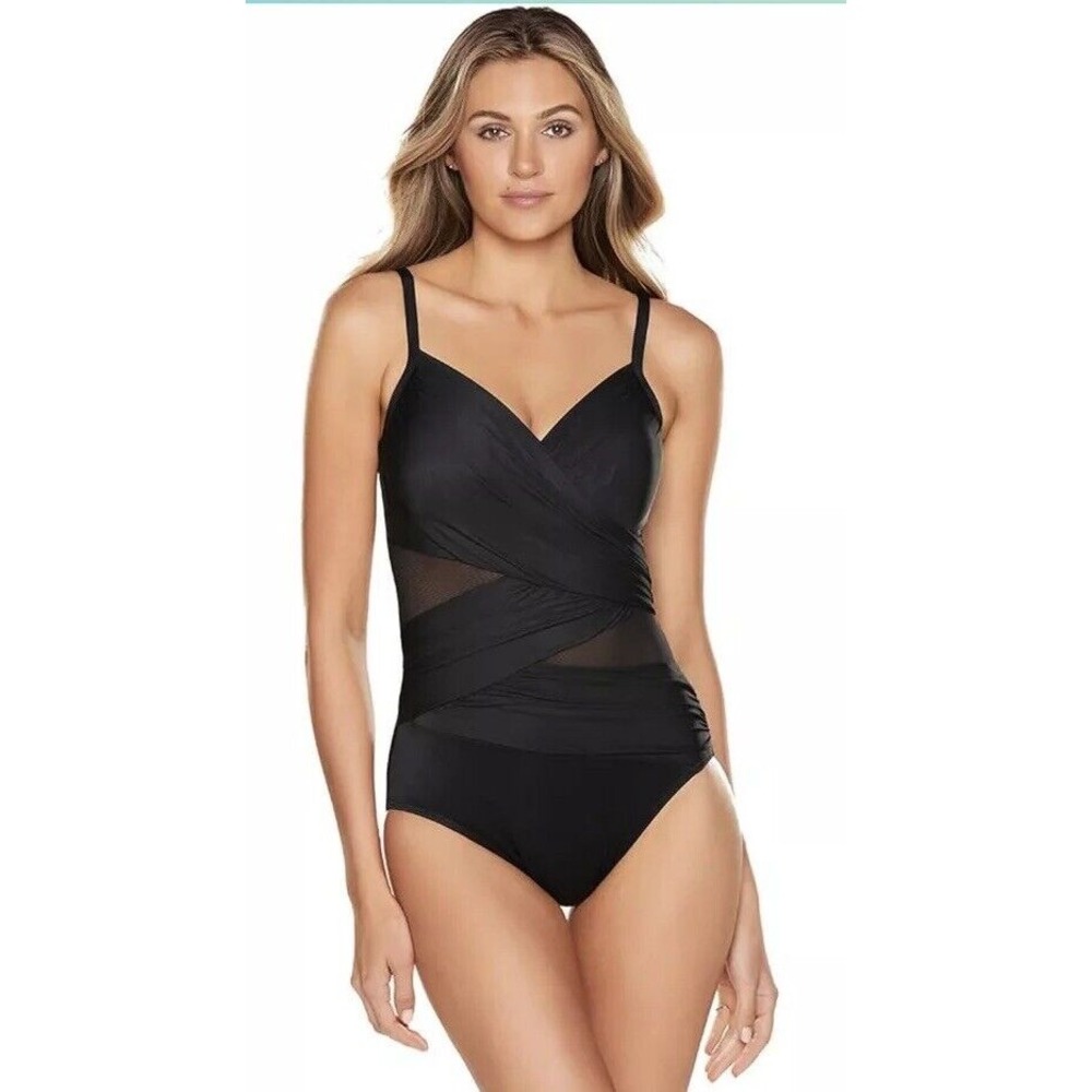 Size 10 Miraclesuit Women's Black Network Mystique‎ Mesh One-Piece Swimsuit